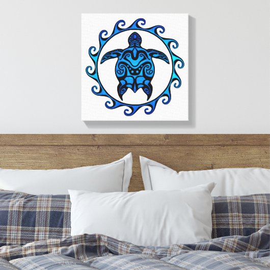 Blue Tribal Turtle Sun Canvas Afdruk (Insitu (Slaapkamer))