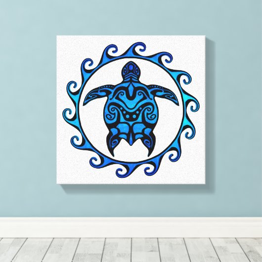 Blue Tribal Turtle Sun Canvas Afdruk (Insitu (Houten vloer))