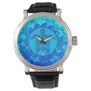 Blue Tribal Turtle Sun Horloge