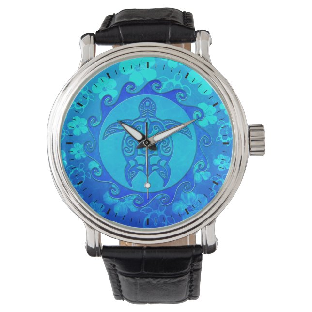 Blue Tribal Turtle Sun Horloge (Voorkant)