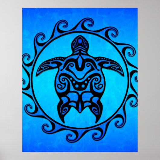 Blue Tribal Turtle Sun Poster (Voorkant)