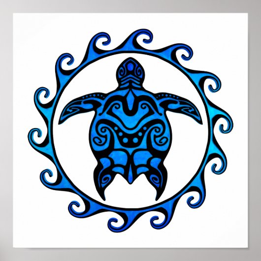 Blue Tribal Turtle Sun Poster (Voorkant)