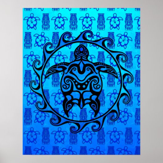 Blue Tribal Turtle Sun Poster (Voorkant)