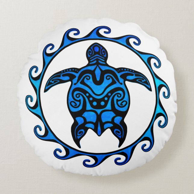 Blue Tribal Turtle Sun Rond Kussen (Voorkant)