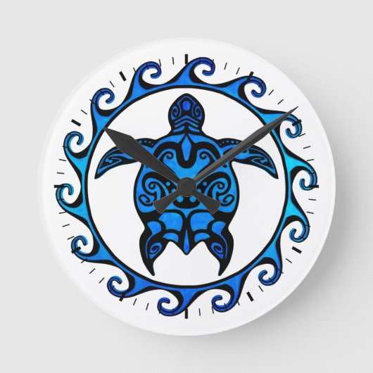 Blue Tribal Turtle Sun Ronde Klok (Voorkant)