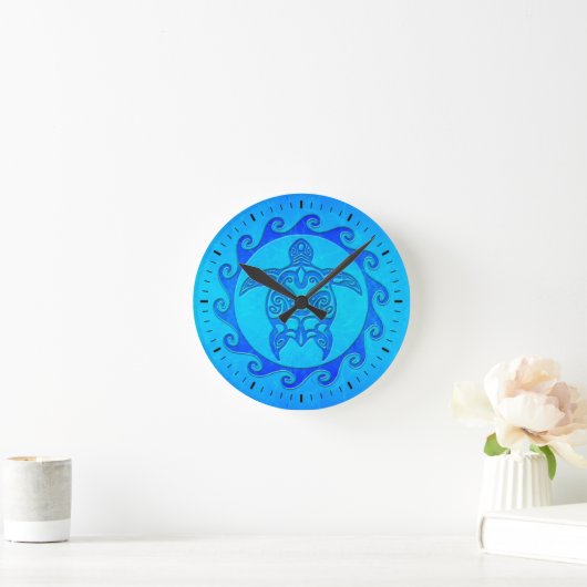 Blue Tribal Turtle Sun Ronde Klok (Huis)