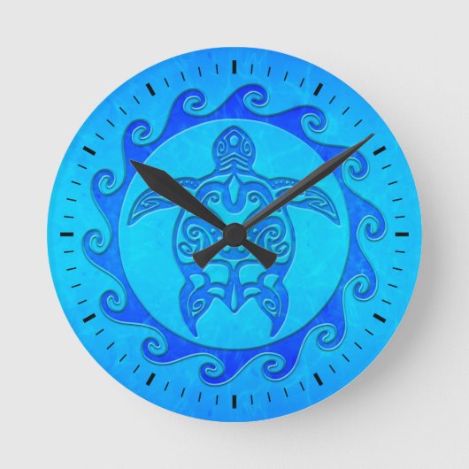 Blue Tribal Turtle Sun Ronde Klok (Voorkant)
