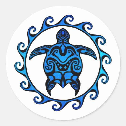 Blue Tribal Turtle Sun Ronde Sticker (Voorkant)