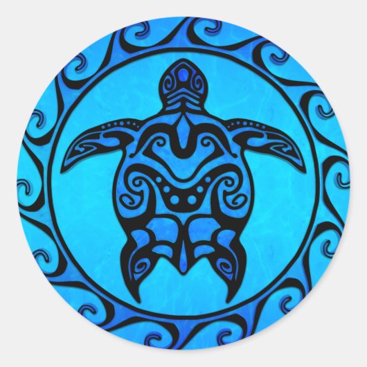 Blue Tribal Turtle Sun Ronde Sticker (Voorkant)