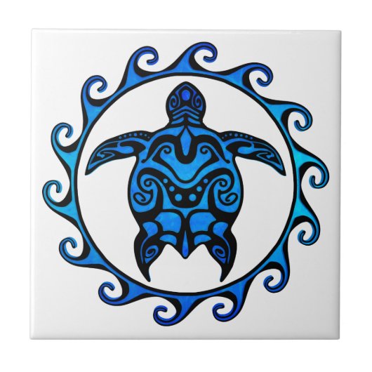 Blue Tribal Turtle Sun Tegeltje (Voorkant)
