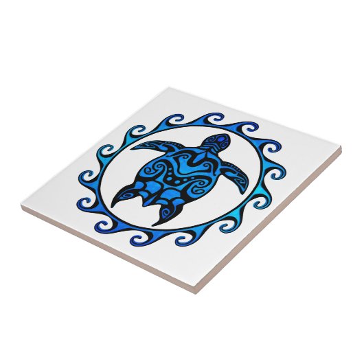 Blue Tribal Turtle Sun Tegeltje (Zijkant)