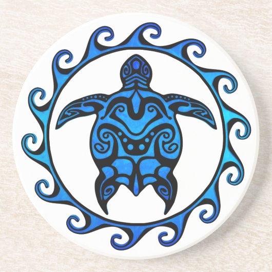 Blue Tribal Turtle Sun Zandsteen Onderzetter (Voorkant)