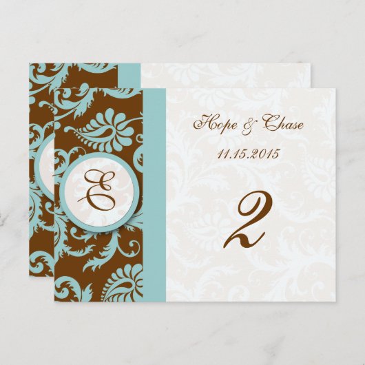 Blue Trim Damask Swirls Table Number Kaarten (Voorkant / Achterkant)