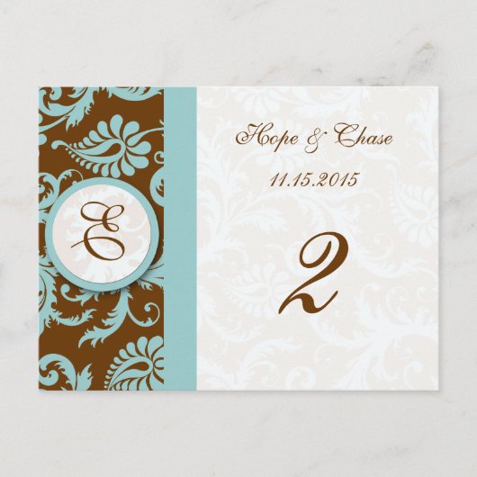 Blue Trim Damask Swirls Table Number Kaarten (Voorkant)