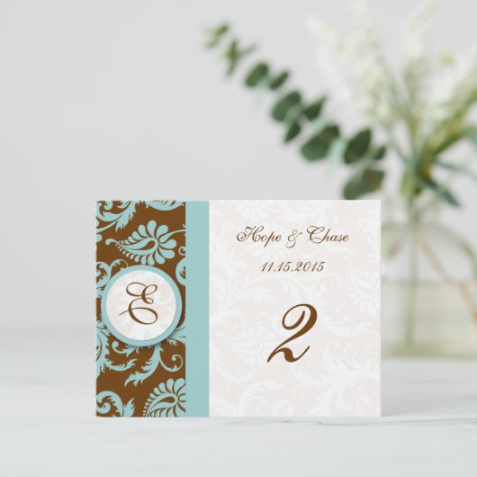 Blue Trim Damask Swirls Table Number Kaarten (Staand voorkant)