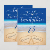 Blue Tropical Beach Hearts Wedding Table Number Bedankkaart (Voorkant / Achterkant)