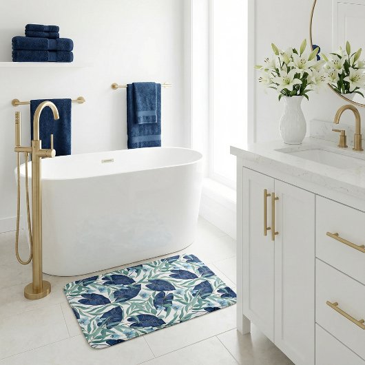 Blue Tropical Botanical Leaf Pattern – Elegant Badmat