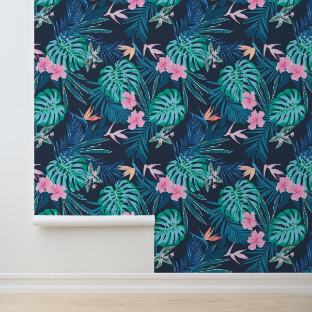 Blue Tropical Flower Garden Pattern Behang (Applicatie)