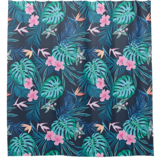 Blue Tropical Flower Garden Pattern Douchegordijn (Voorkant)