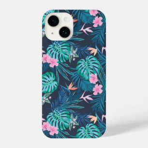 Blue Tropical Flower Garden Pattern iPhone 14 Hoesje