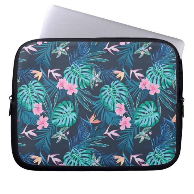 Blue Tropical Flower Garden Pattern Laptop Sleeve (Voorkant)