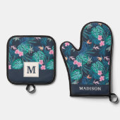 Blue Tropical Flower Garden Pattern Ovenwant & Pannenlap Set (Voorkant)