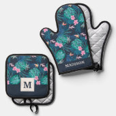 Blue Tropical Flower Garden Pattern Ovenwant & Pannenlap Set (Voorkant / Achterkant)