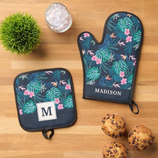 Blue Tropical Flower Garden Pattern Ovenwant & Pannenlap Set (Top down)