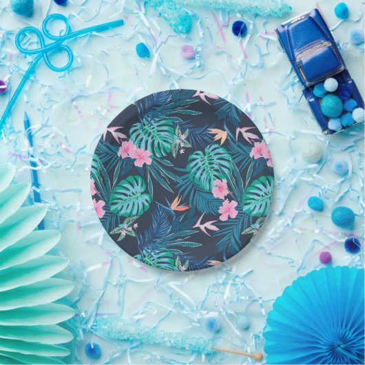 Blue Tropical Flower Garden Pattern Papieren Bordje (Feest)