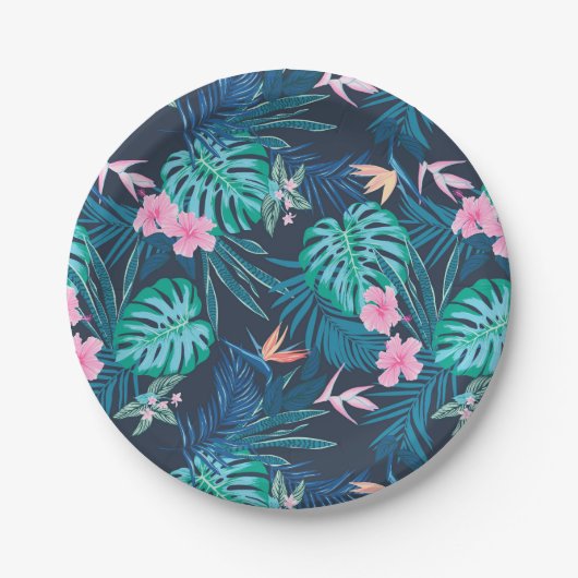Blue Tropical Flower Garden Pattern Papieren Bordje (Voorkant)