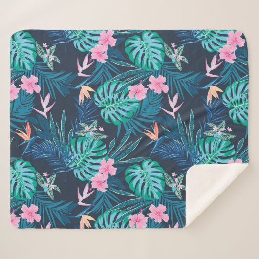 Blue Tropical Flower Garden Pattern Sherpa Deken (Voorkant (horizontaal))