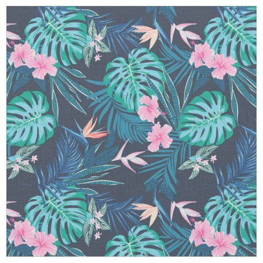 Blue Tropical Flower Garden Pattern Stof (Close Up)