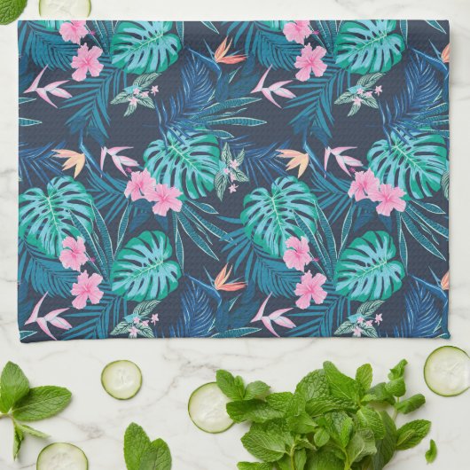 Blue Tropical Flower Garden Pattern Theedoek (Gevouwen)