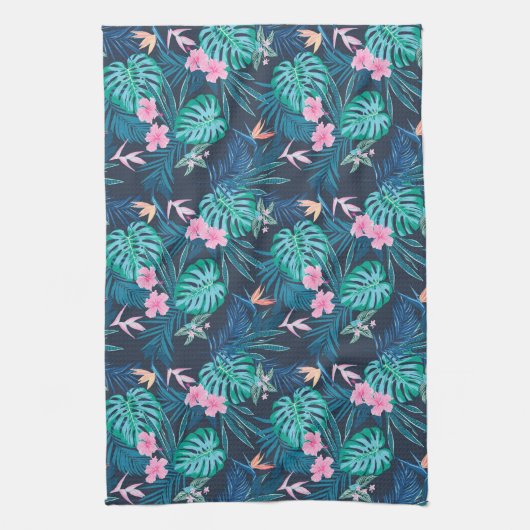 Blue Tropical Flower Garden Pattern Theedoek (Verticaal)