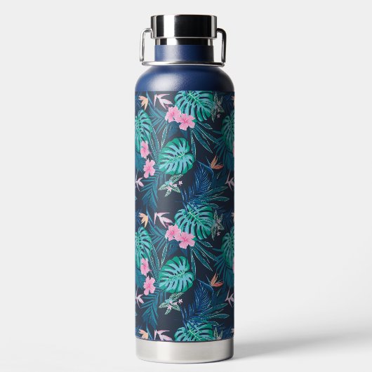 Blue Tropical Flower Garden Pattern Waterfles (Achterkant)