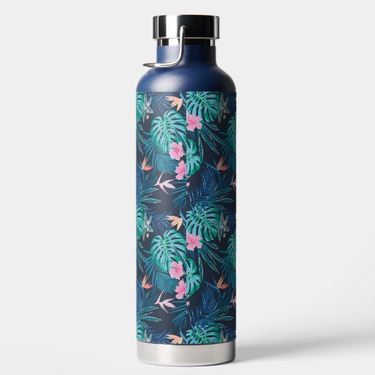 Blue Tropical Flower Garden Pattern Waterfles (Rechts)