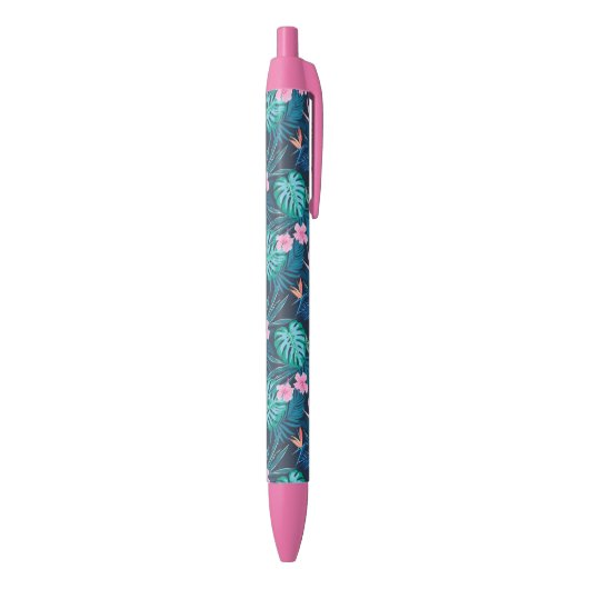 Blue Tropical Flower Garden Pattern Zwarte Inkt Pen (Achterkant (Verticaal))