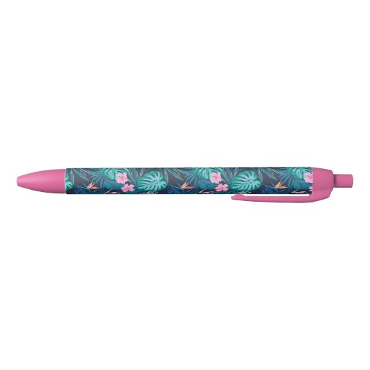 Blue Tropical Flower Garden Pattern Zwarte Inkt Pen (Bodem)