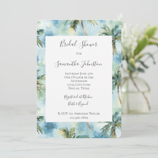 Blue Tropical Island Palm Trees Bridal Shower  Kaart (Staand voorkant)