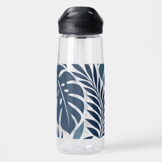 Blue Tropical Leaf Wrap Pattern Waterfles (Achterkant)