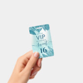 Blue Tropical leaves glitter script Sweet 16 VIP Badge (Handheld)