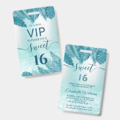 Blue Tropical leaves glitter script Sweet 16 VIP Badge (Voor- en achterkant)