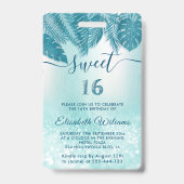 Blue Tropical leaves glitter script Sweet 16 VIP Badge (Achterkant)
