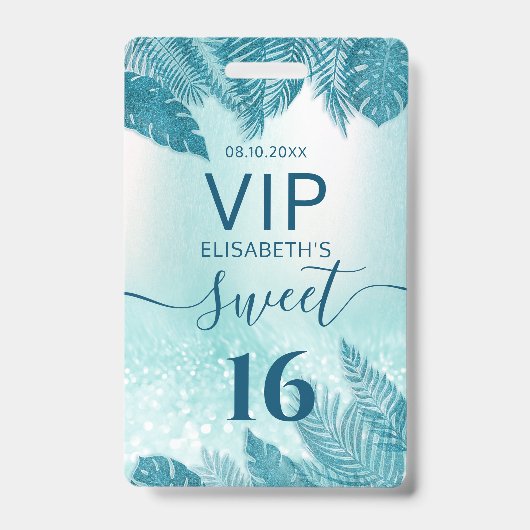 Blue Tropical leaves glitter script Sweet 16 VIP Badge (Voorzijde)