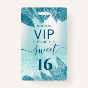 Blue Tropical leaves glitter script Sweet 16 VIP Badge