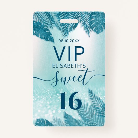 Blue Tropical leaves glitter script Sweet 16 VIP Badge (Voorkant)