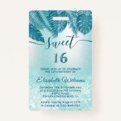 Blue Tropical leaves glitter script Sweet 16 VIP Badge (Achterkant)