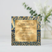 Blue Tropical Leopard Print Shimmer Quinceañera Kaart (Staand voorkant)