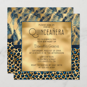 Blue Tropical Leopard Print Shimmer Quinceañera Kaart