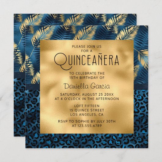 Blue Tropical Leopard Print Shimmer Quinceañera Kaart (Voorkant / Achterkant)
